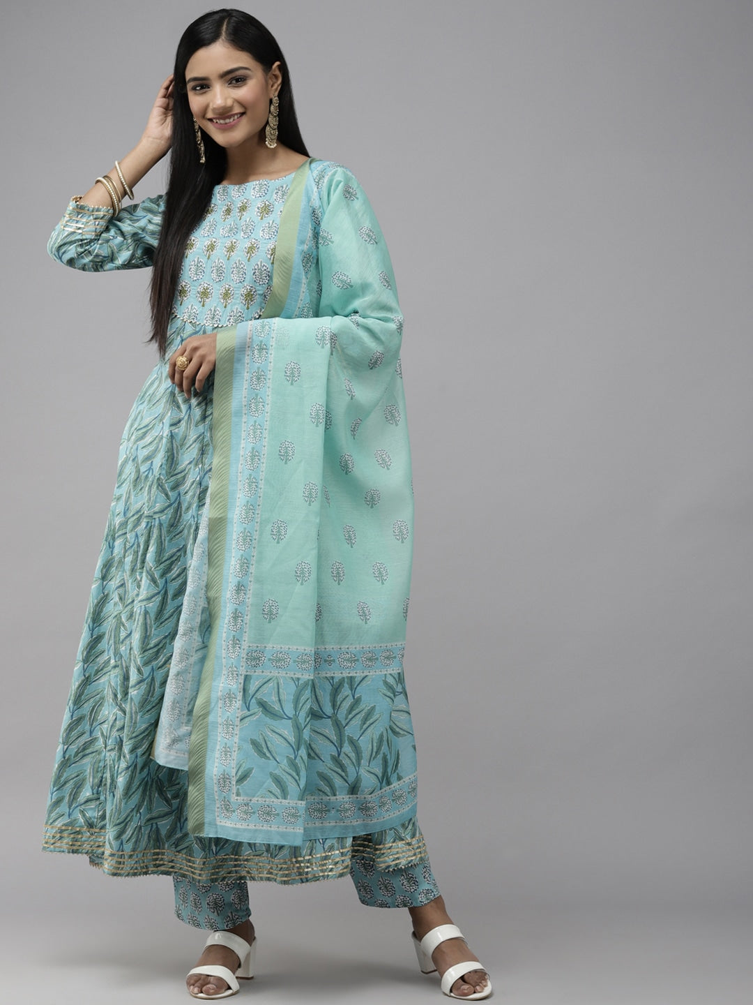 Blue Printed Panelled Dupatta Set-Yufta Store-2339SKDBLS