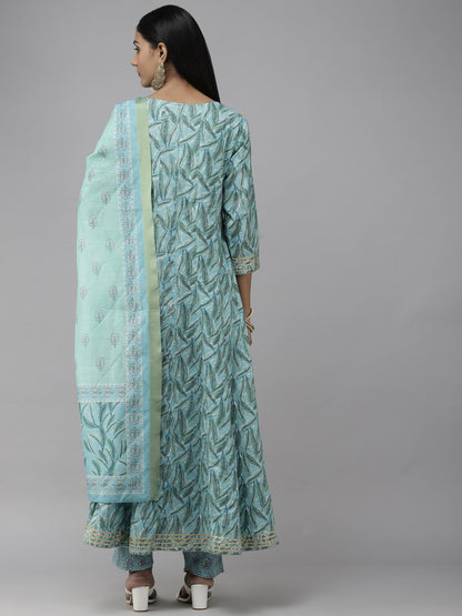 Blue Printed Panelled Dupatta Set-Yufta Store-2339SKDBLS