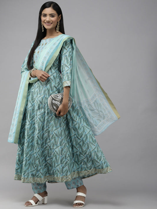 Blue Printed Panelled Dupatta Set-Yufta Store-2339SKDBLS