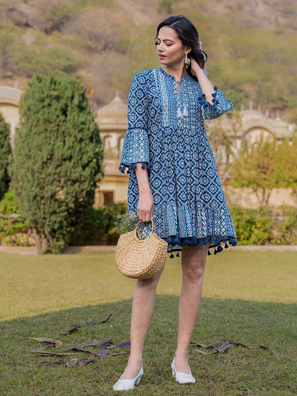 Blue Pure Cotton Ethnic Motifs Less Border Tassels Were Dress-Yufta Store-1872DRSBLS