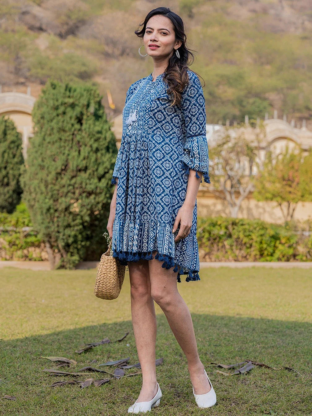 Blue Pure Cotton Ethnic Motifs Less Border Tassels Were Dress-Yufta Store-1872DRSBLS