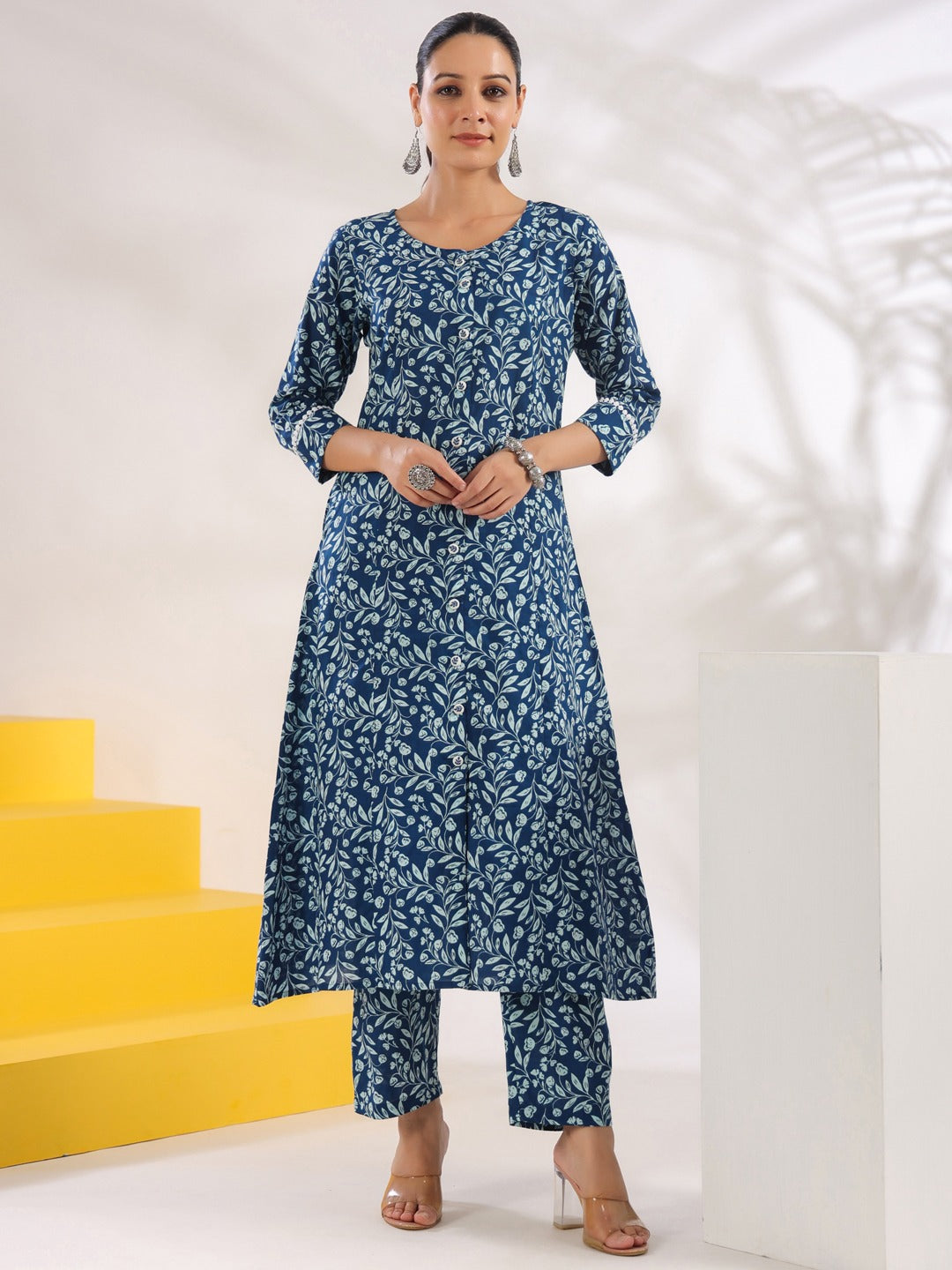 Blue Pure Cotton Floral Print A-Line Kurta Trouser Set-Yufta Store-1645SETBLS