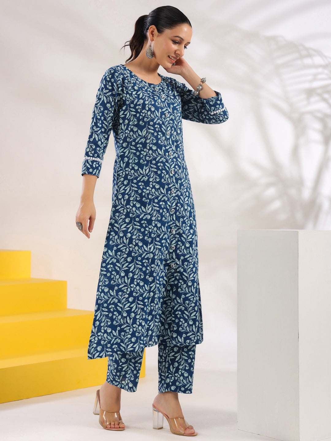 Blue Pure Cotton Floral Print A-Line Kurta Trouser Set-Yufta Store-1645SETBLS