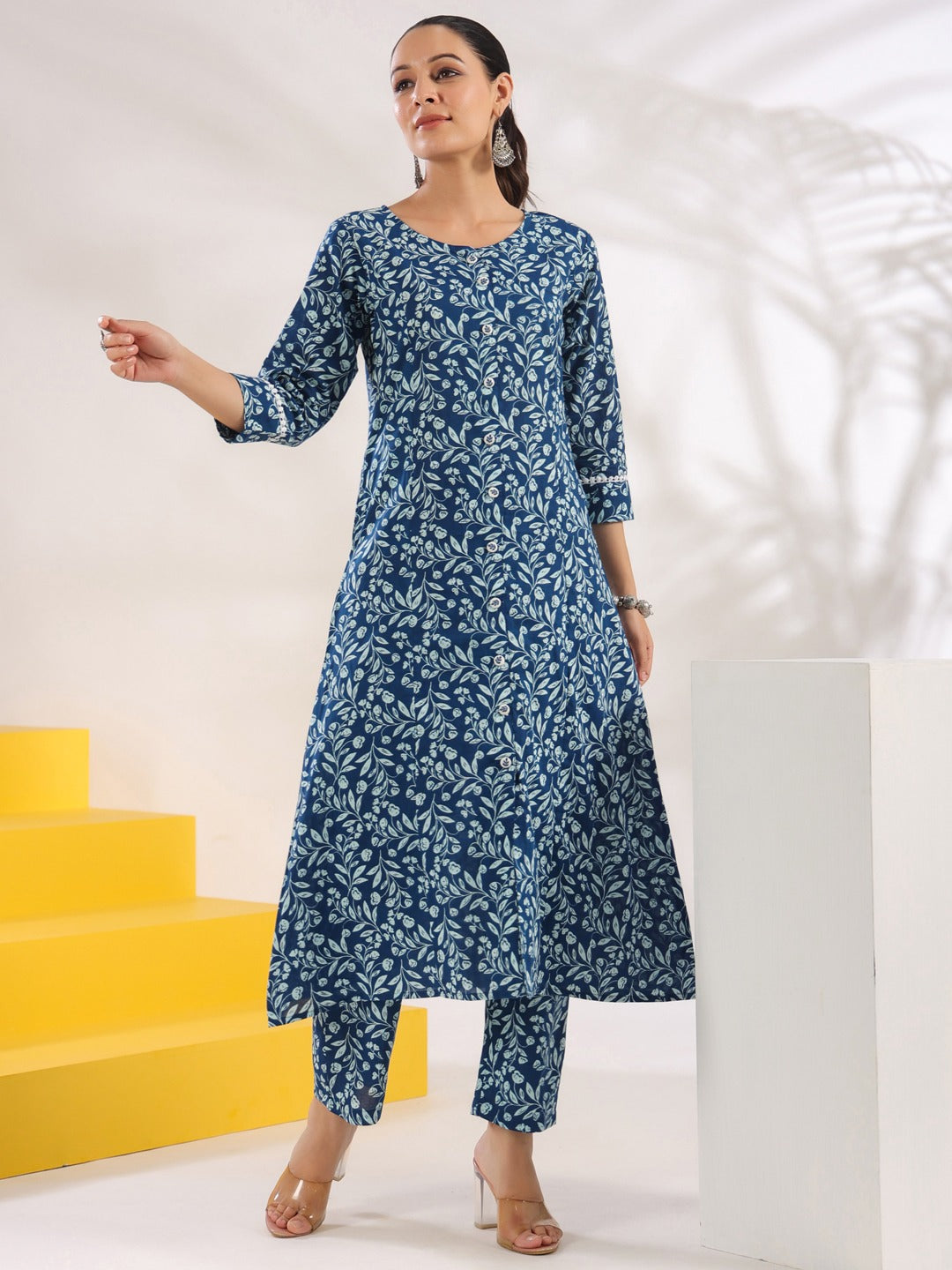 Blue Pure Cotton Floral Print A-Line Kurta Trouser Set-Yufta Store-1645SETBLS