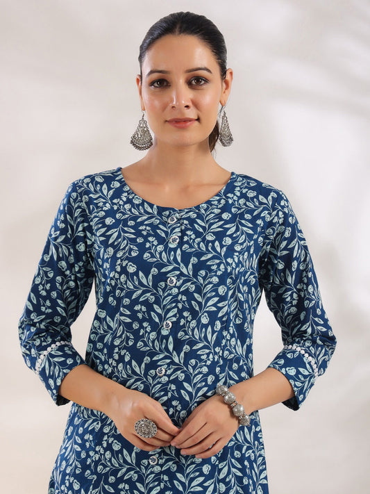 Blue Pure Cotton Floral Print A-Line Kurta Trouser Set-Yufta Store-1645SETBLS