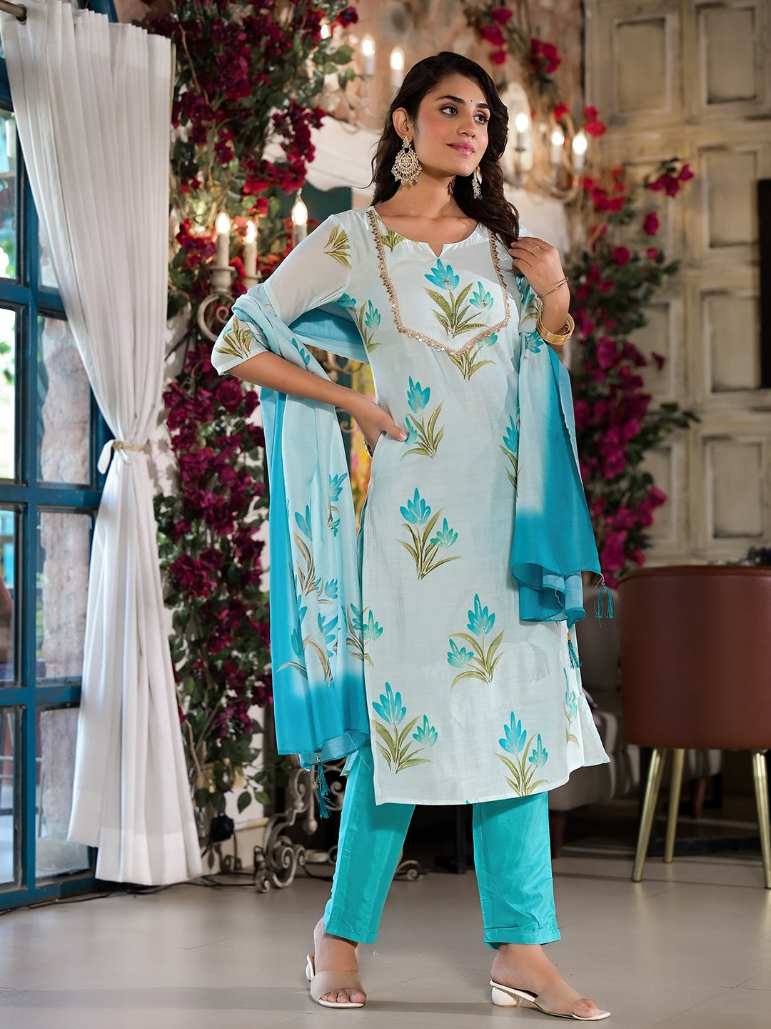 Blue Silk Blend Floral Cutdana_Work Kurta Trouser With Dupatta Set-Yufta Store-1537SKDBLS