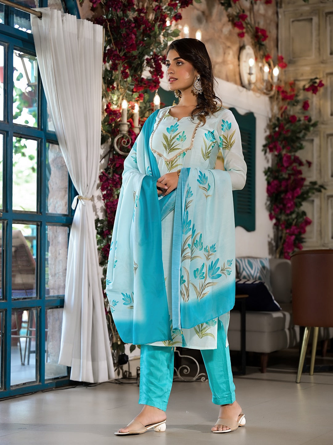 Blue Silk Blend Floral Cutdana_Work Kurta Trouser With Dupatta Set-Yufta Store-1537SKDBLS