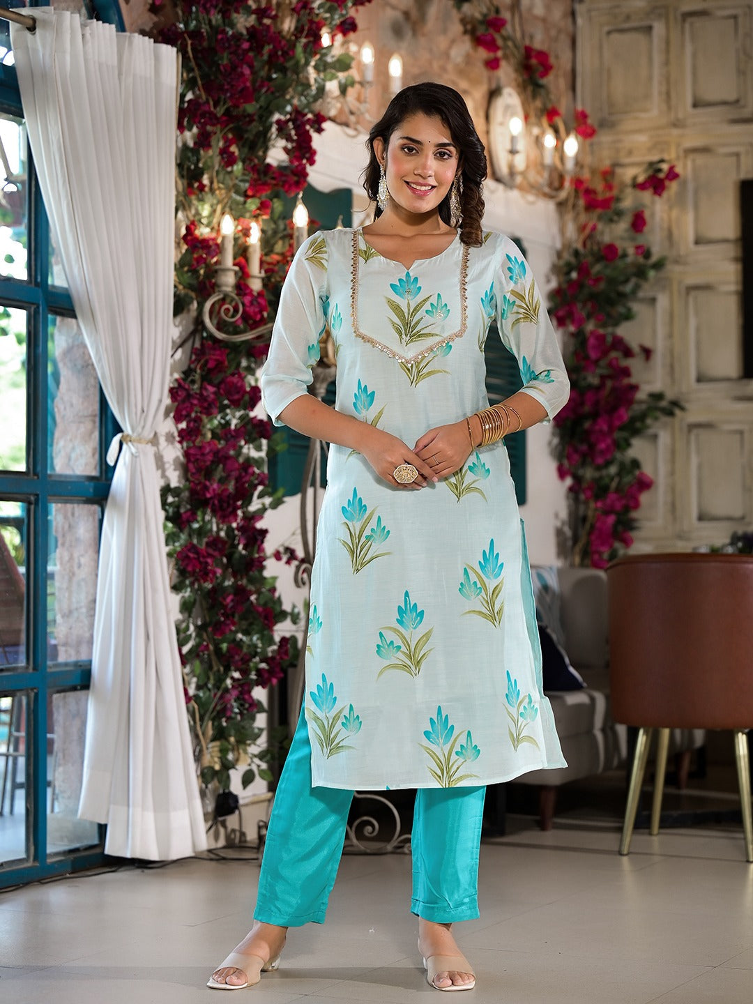 Blue Silk Blend Floral Cutdana_Work Kurta Trouser With Dupatta Set-Yufta Store-1537SKDBLS