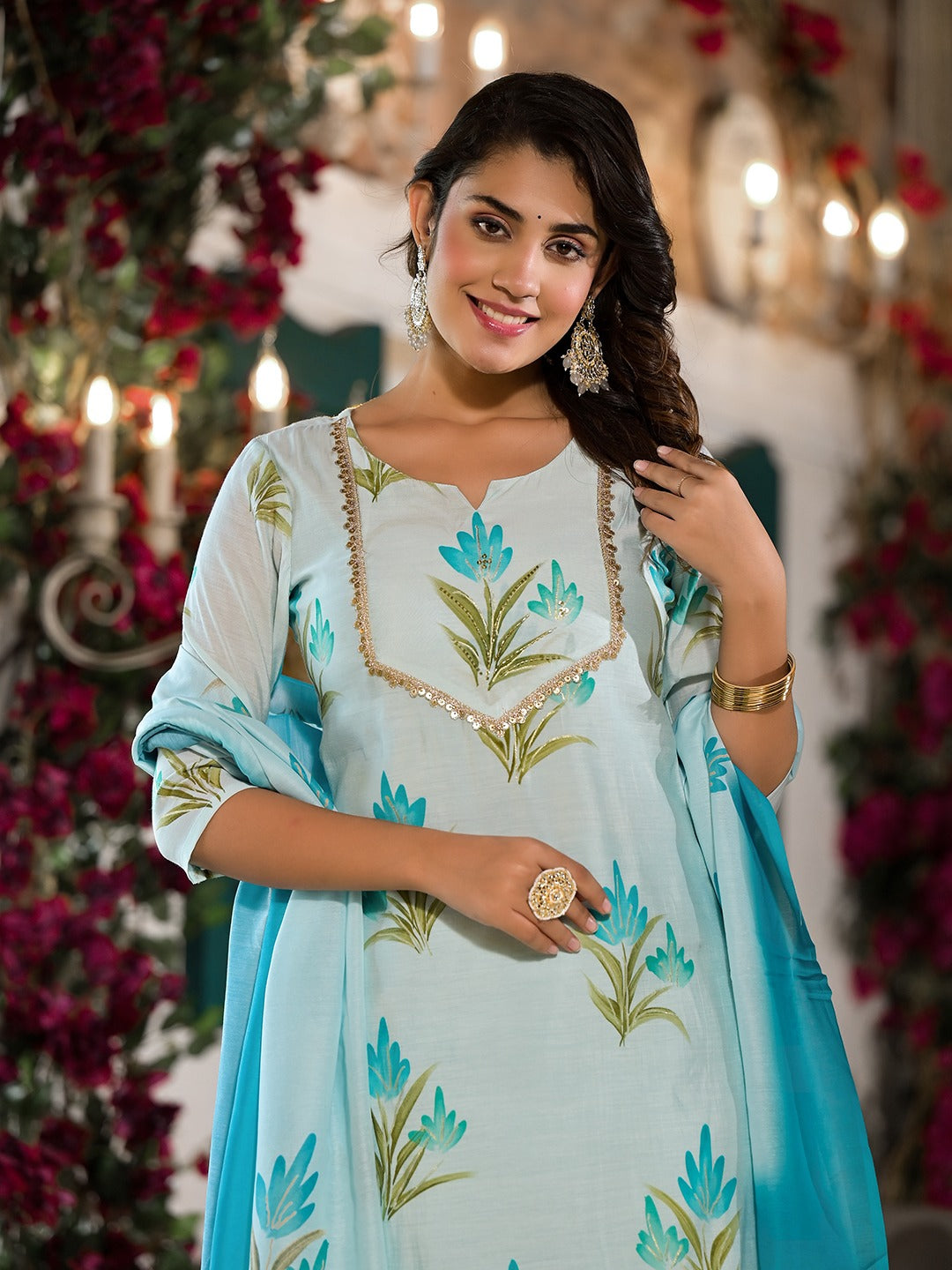 Blue Silk Blend Floral Cutdana_Work Kurta Trouser With Dupatta Set-Yufta Store-1537SKDBLS