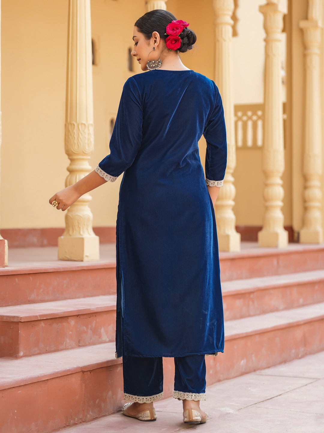 Blue Velvet Kurta Set with cotton Lining and Embroidery Kurta Trouser Set-Yufta Store-1798SETBLS