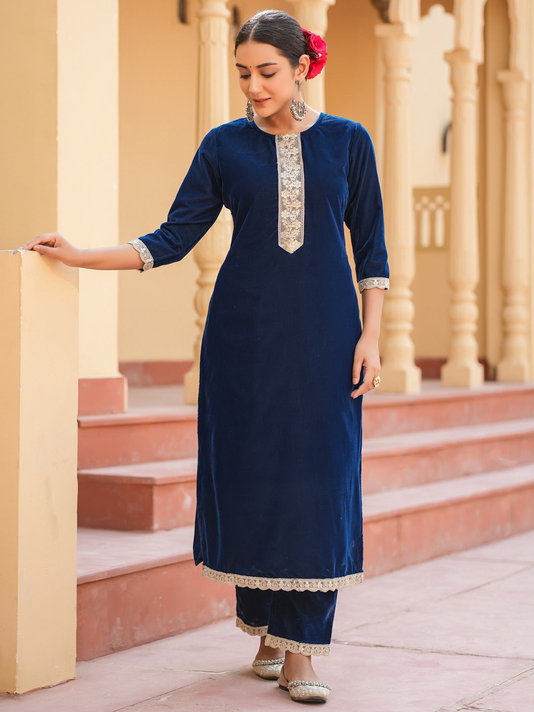 Blue Velvet Kurta Set with cotton Lining and Embroidery Kurta Trouser Set-Yufta Store-1798SETBLS