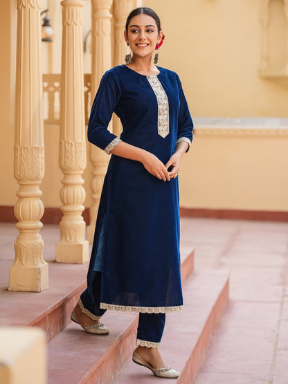 Blue Velvet Kurta Set with cotton Lining and Embroidery Kurta Trouser Set-Yufta Store-1798SETBLS