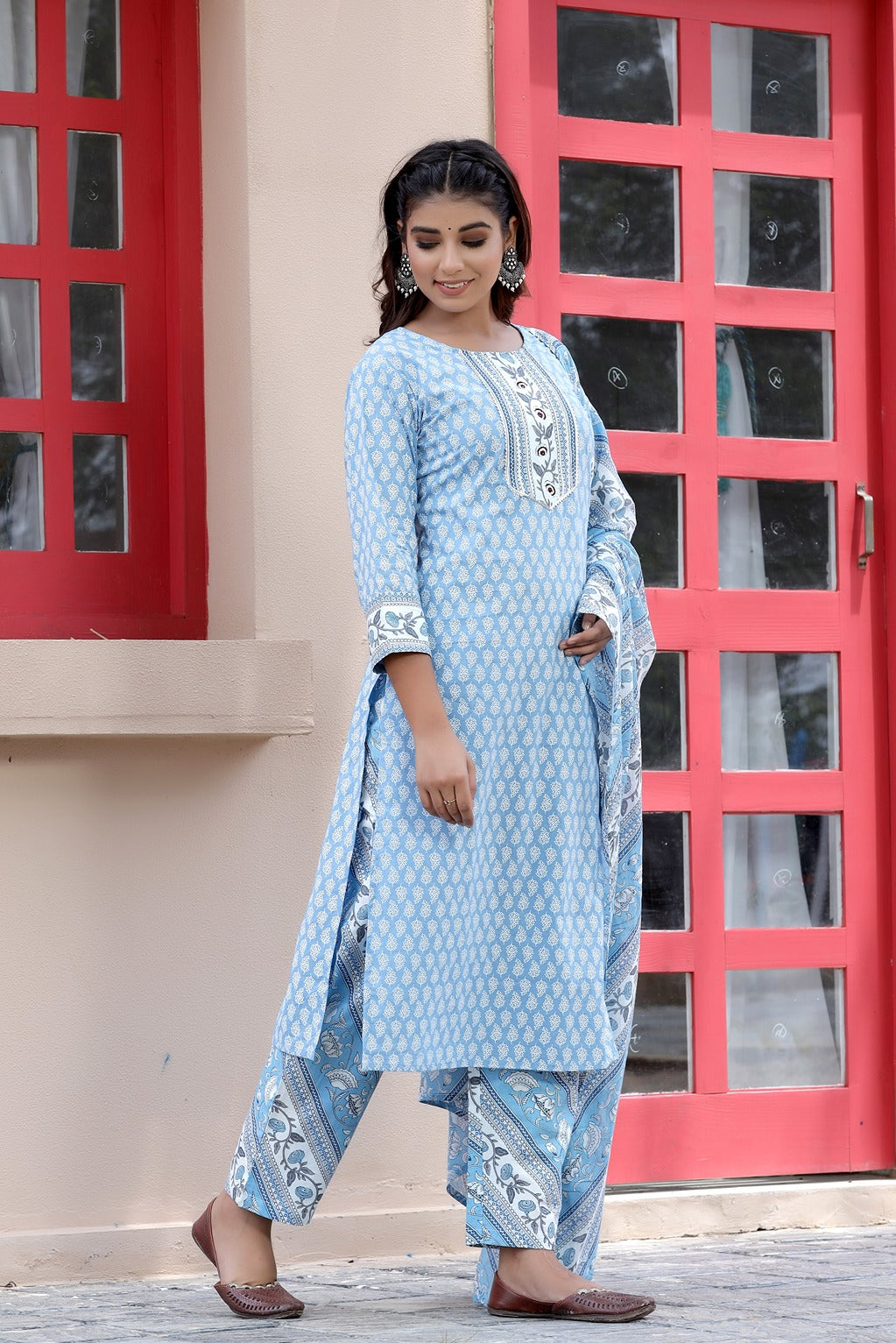 Blue & White Printed Gota-Patti Dupatta Set-Yufta Store-2016SKDBLS