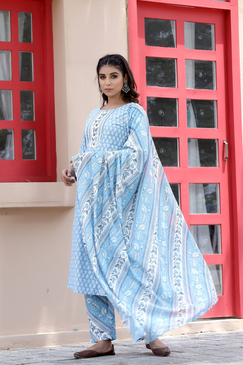 Blue & White Printed Gota-Patti Dupatta Set-Yufta Store-2016SKDBLS