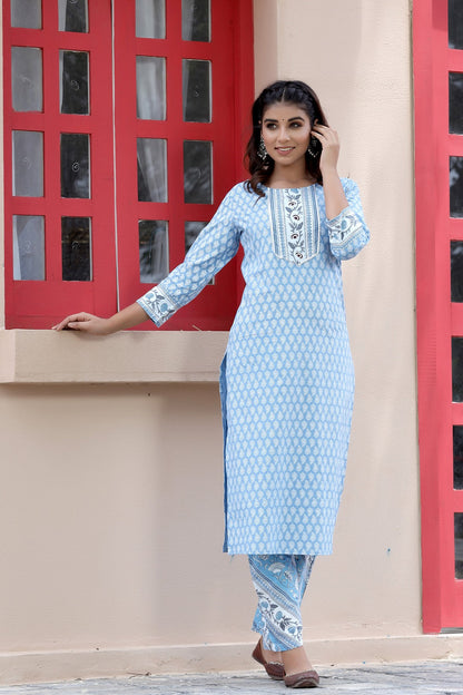 Blue & White Printed Gota-Patti Dupatta Set-Yufta Store-2016SKDBLS