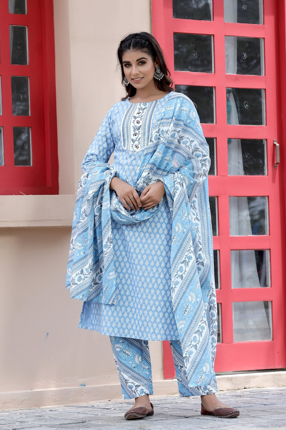 Blue & White Printed Gota-Patti Dupatta Set-Yufta Store-2016SKDBLS