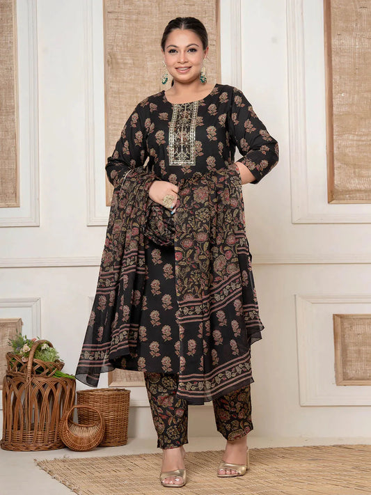 Brown Cotton Printed Embroidered Plus Size Kurta Dupatta Set-Yufta Store-1447PSKDBR3XL