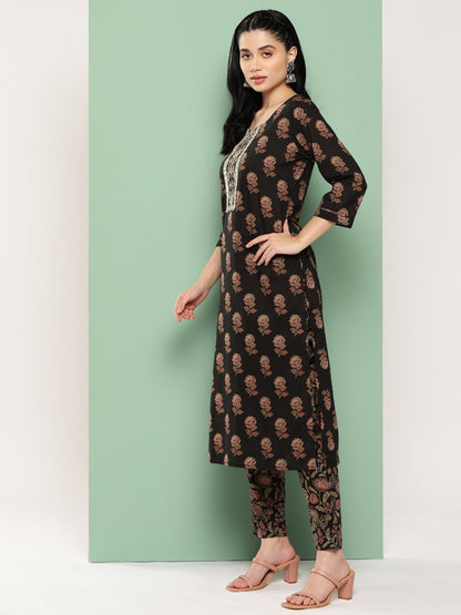 Brown Floral Embroidered Gotta Patti Pure Cotton Kurta with Trousers & Dupatta Set-Yufta Store-1447SKDBRS