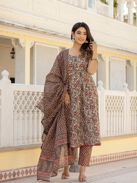 Brown Floral Print Anarkali Kurta Trouser And Dupatta Set-Yufta Store-1819SKDBRS