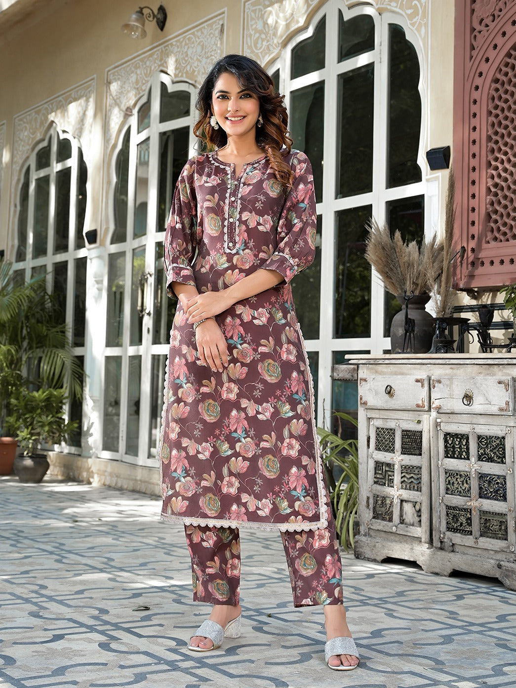 Brown Floral Print,Patch_Work Straight Kurta Trouser Set-Yufta Store-1884SETBRS