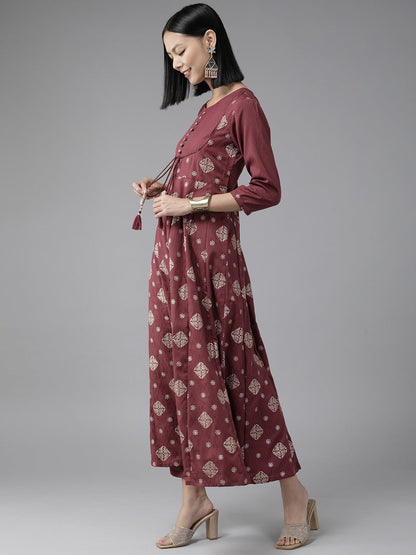 Burgundy Ethnic Motifs Printed Anarkali Shape Dupatta Set-Yufta Store-9837SKDBRS