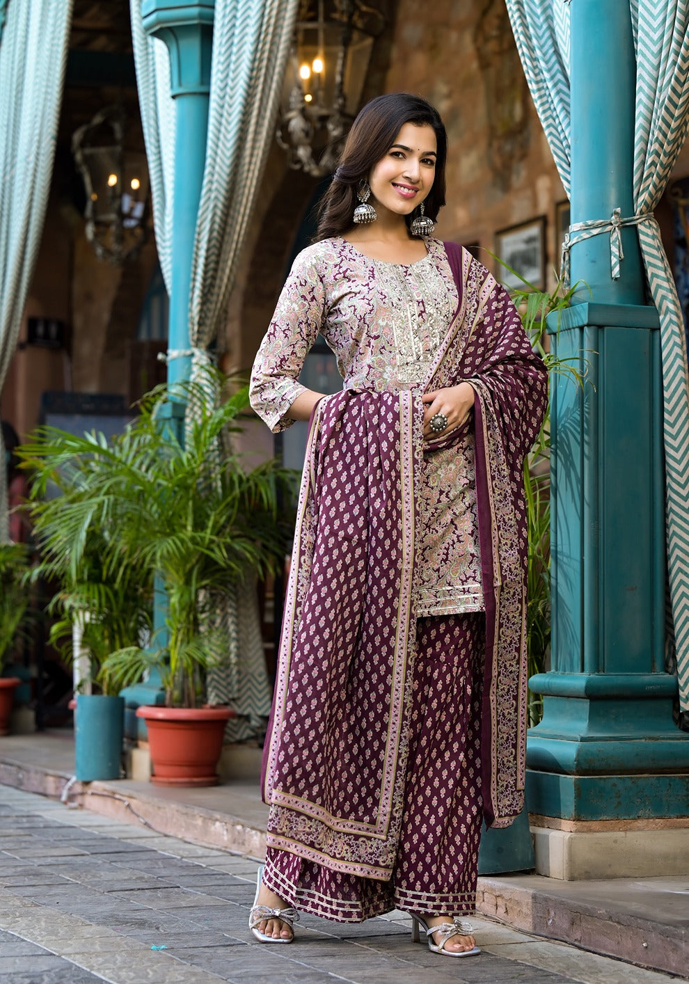 Burgundy Floral Sequins_Work Kurta Sharara With Dupatta Set-Yufta Store-1785SKDBUGS