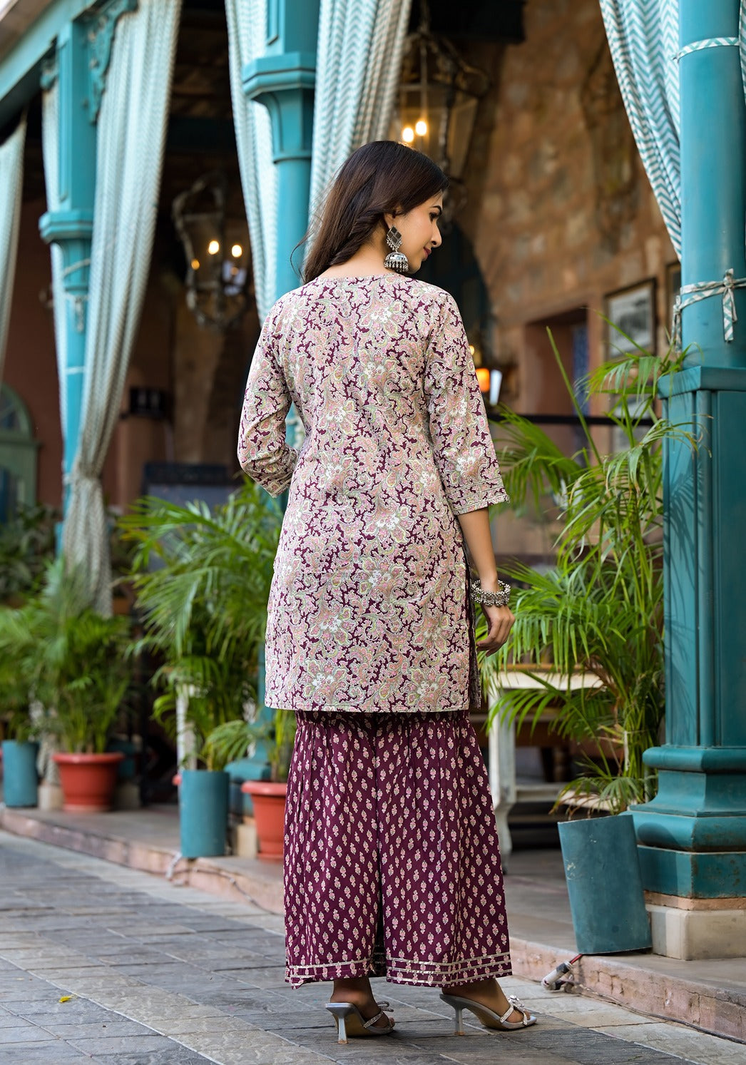 Burgundy Floral Sequins_Work Kurta Sharara With Dupatta Set-Yufta Store-1785SKDBUGS