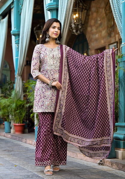 Burgundy Floral Sequins_Work Kurta Sharara With Dupatta Set-Yufta Store-1785SKDBUGS