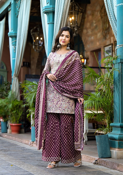 Burgundy Floral Sequins_Work Kurta Sharara With Dupatta Set-Yufta Store-1785SKDBUGS