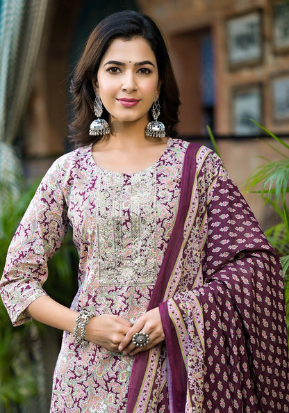 Burgundy Floral Sequins_Work Kurta Sharara With Dupatta Set-Yufta Store-1785SKDBUGS