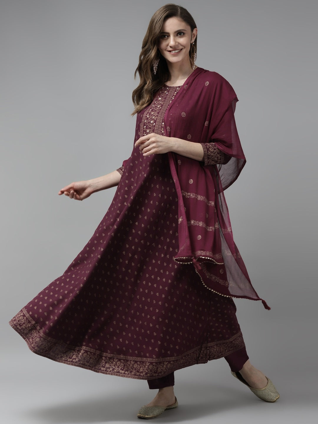 Burgundy Printed Anarkali Shape Dupatta Set-Yufta Store-9850SKDBUGS