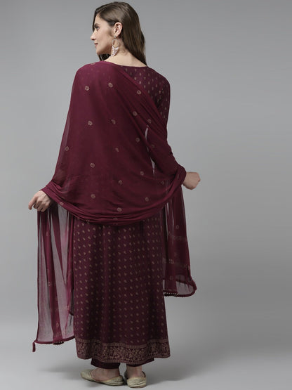 Burgundy Printed Anarkali Shape Dupatta Set-Yufta Store-9850SKDBUGS