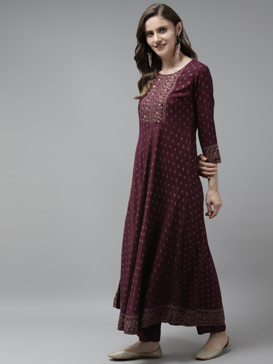 Burgundy Printed Anarkali Shape Dupatta Set-Yufta Store-9850SKDBUGS