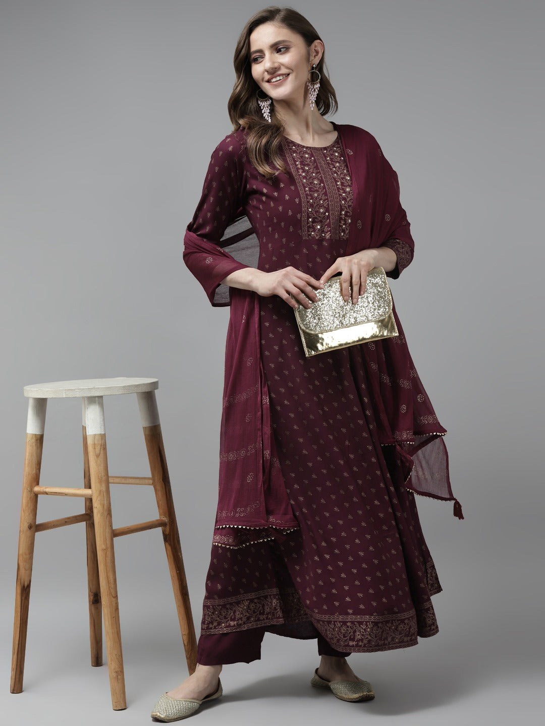 Burgundy Printed Anarkali Shape Dupatta Set-Yufta Store-9850SKDBUGS