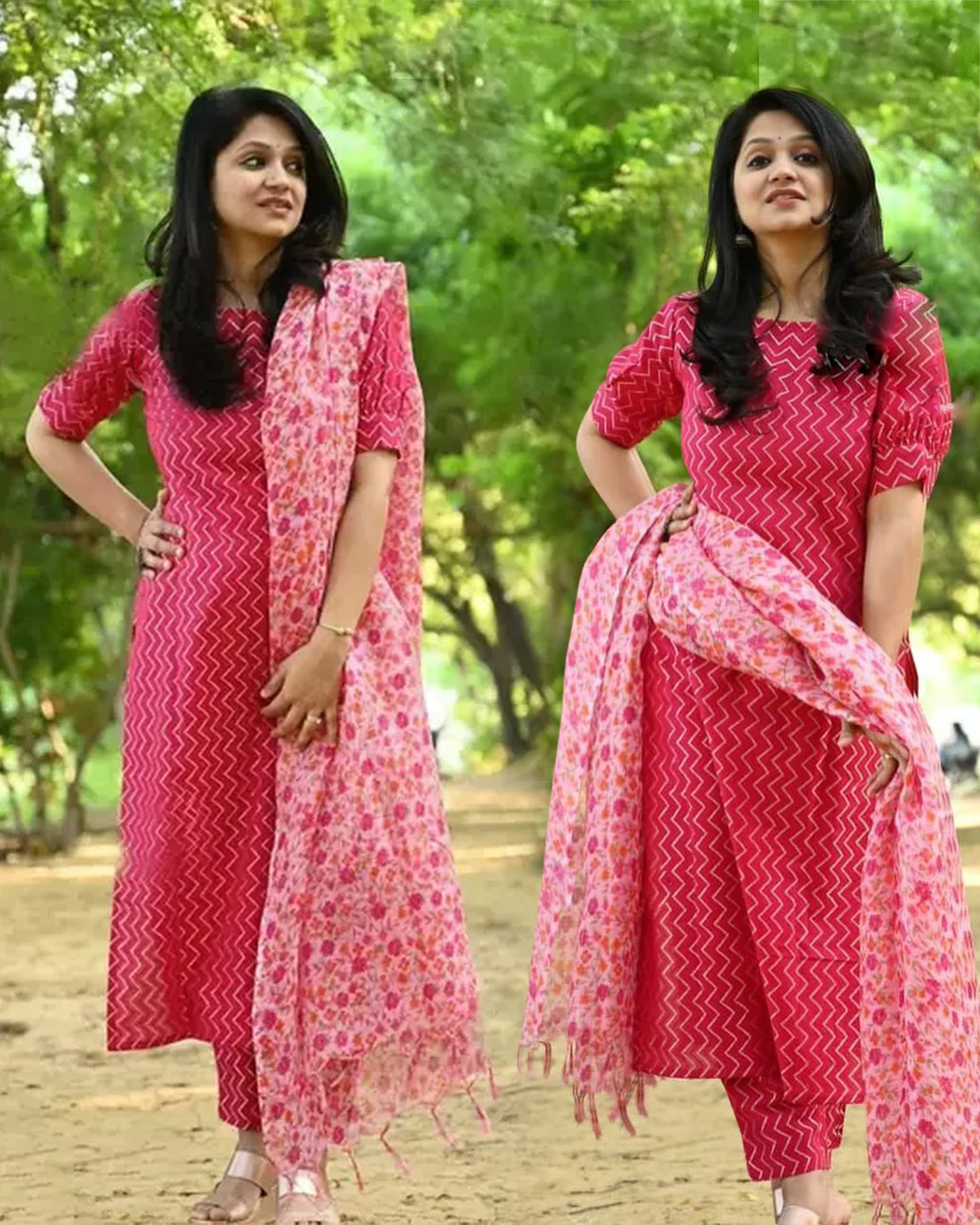 PINK ROUND NECK Printed Rayon Kurta Sets