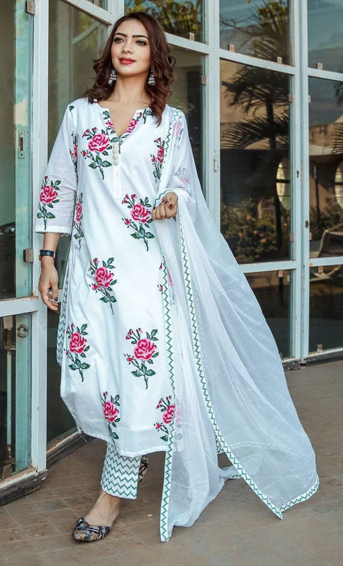 WHITE V Neck Floral Print Poly Cotton Kurta Sets