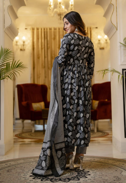 BLACK V Neck PRINTED Rayon Kurta Sets