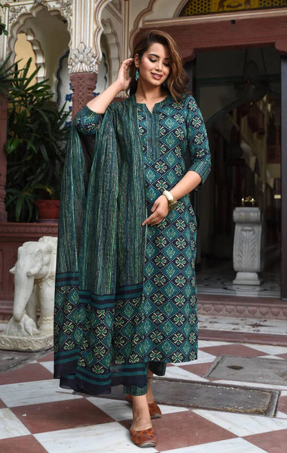 T.BLUE V Neck PRINTED Rayon Kurta Sets