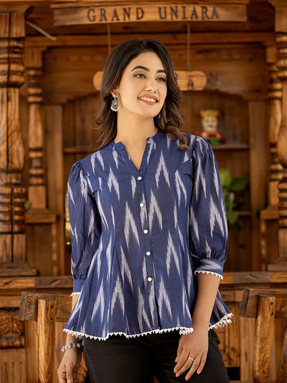 Cotton Blue Ikat Print Puffed Sleeve Tops-Yufta Store-1524TOPBLS