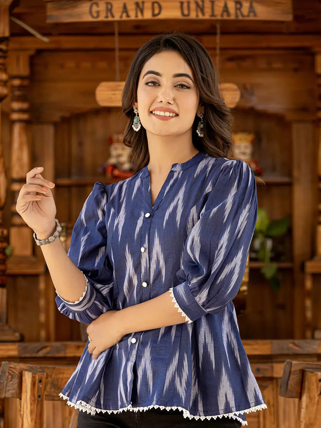 Cotton Blue Ikat Print Puffed Sleeve Tops-Yufta Store-1524TOPBLS