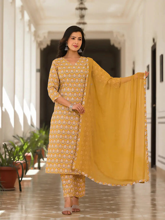 Cotton Mustard Leaf Print Kurta Trouser With Dupatta Set-Yufta Store-6895SKDMSS