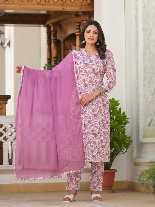 Cotton Purple Kurta And Pant With Dupatta Set-Yufta Store-6894SKDPRS