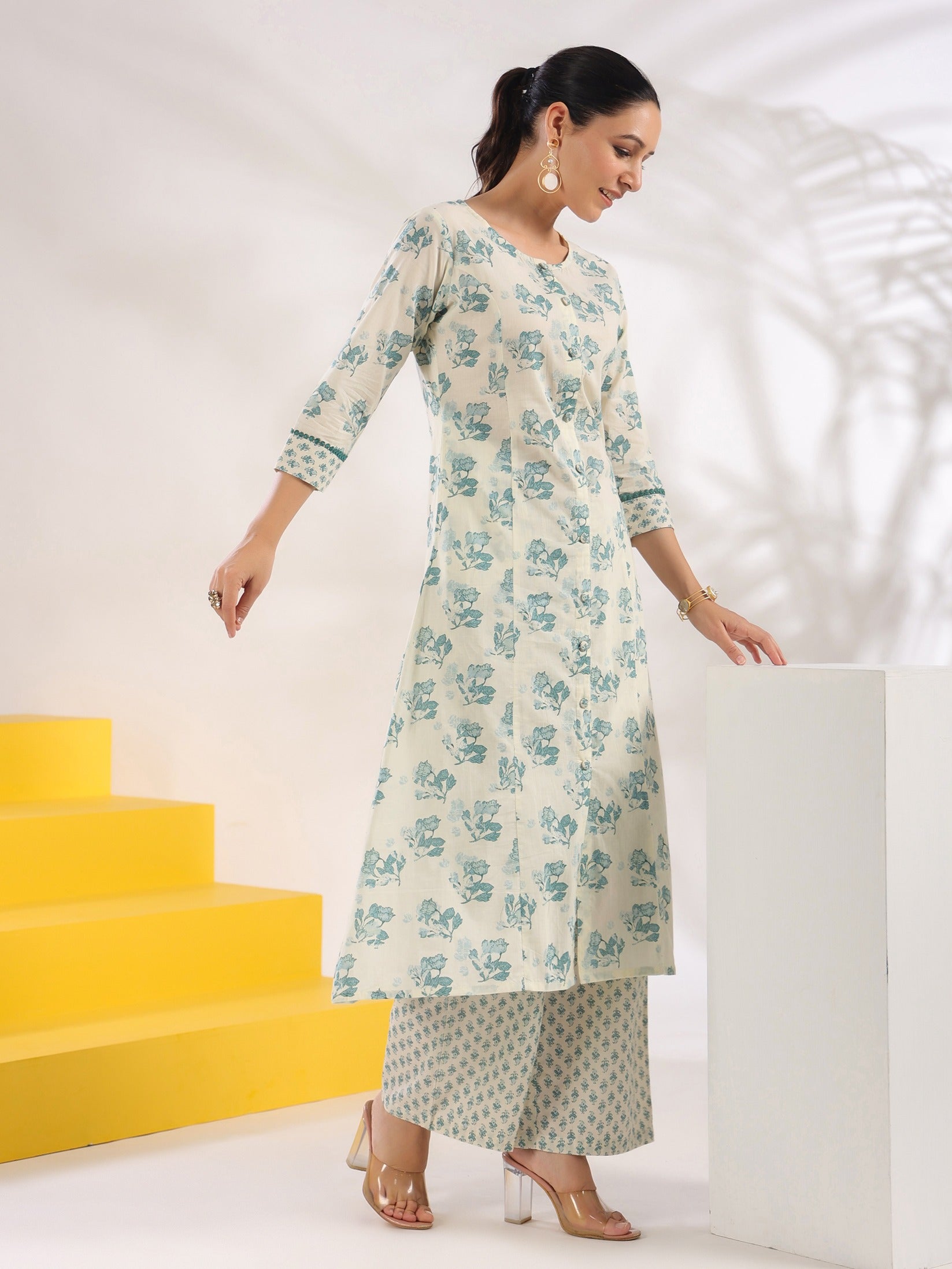 Cream And Blue Pure Cotton Floral Print A-Line Kurta Trouser Set-Yufta Store-1644SETBLS