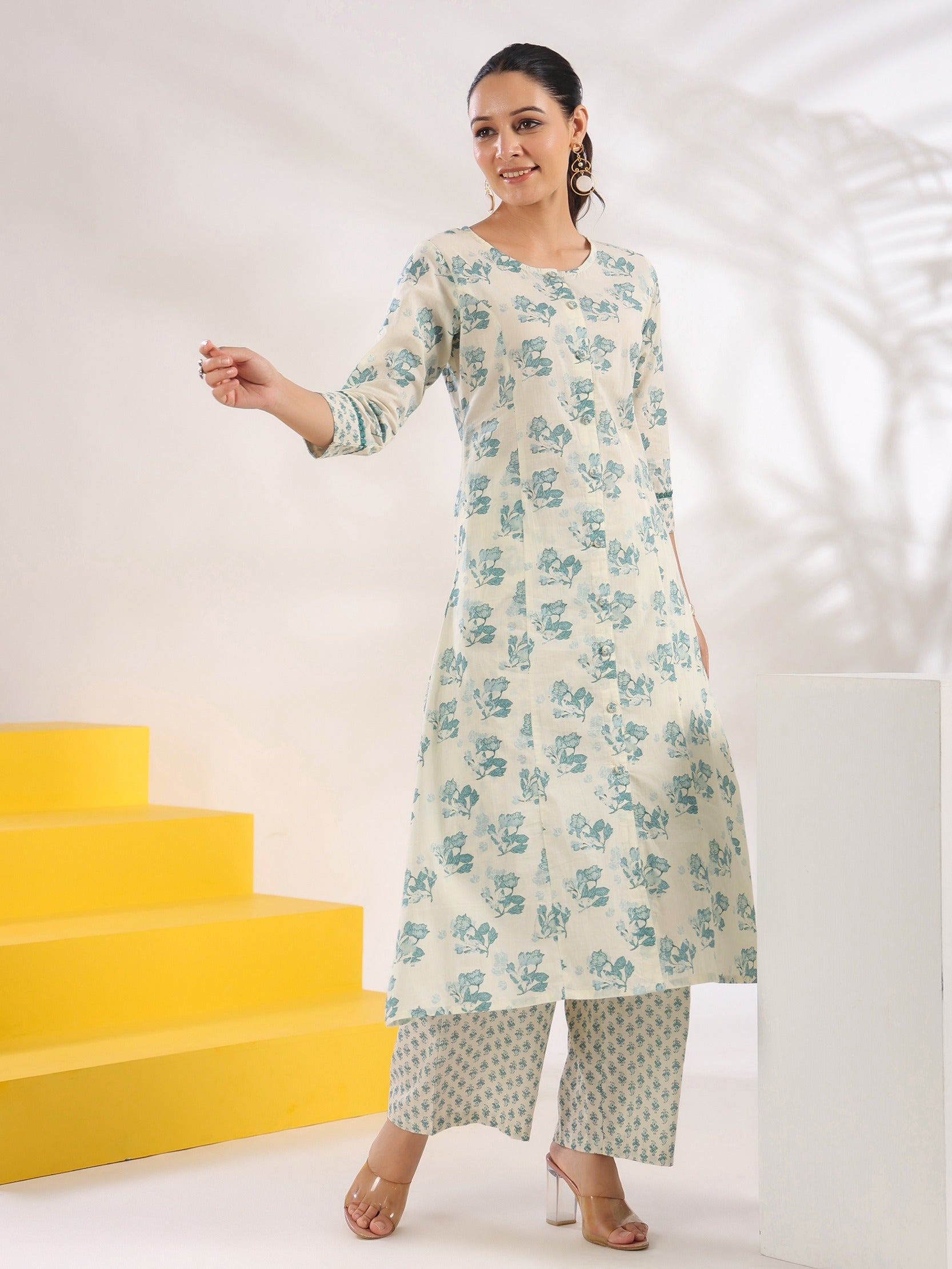 Cream And Blue Pure Cotton Floral Print A-Line Kurta Trouser Set-Yufta Store-1644SETBLS