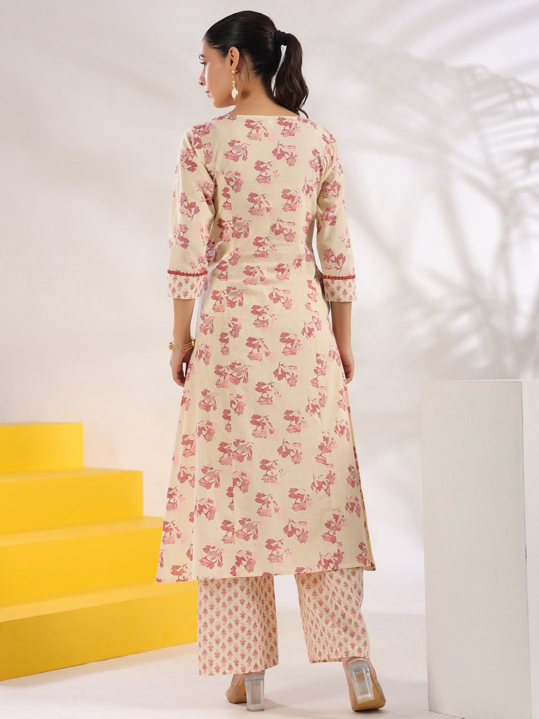 Cream And Pink Pure Cotton Floral Print A-Line Kurta Trouser Set-Yufta Store-1644SETPKS