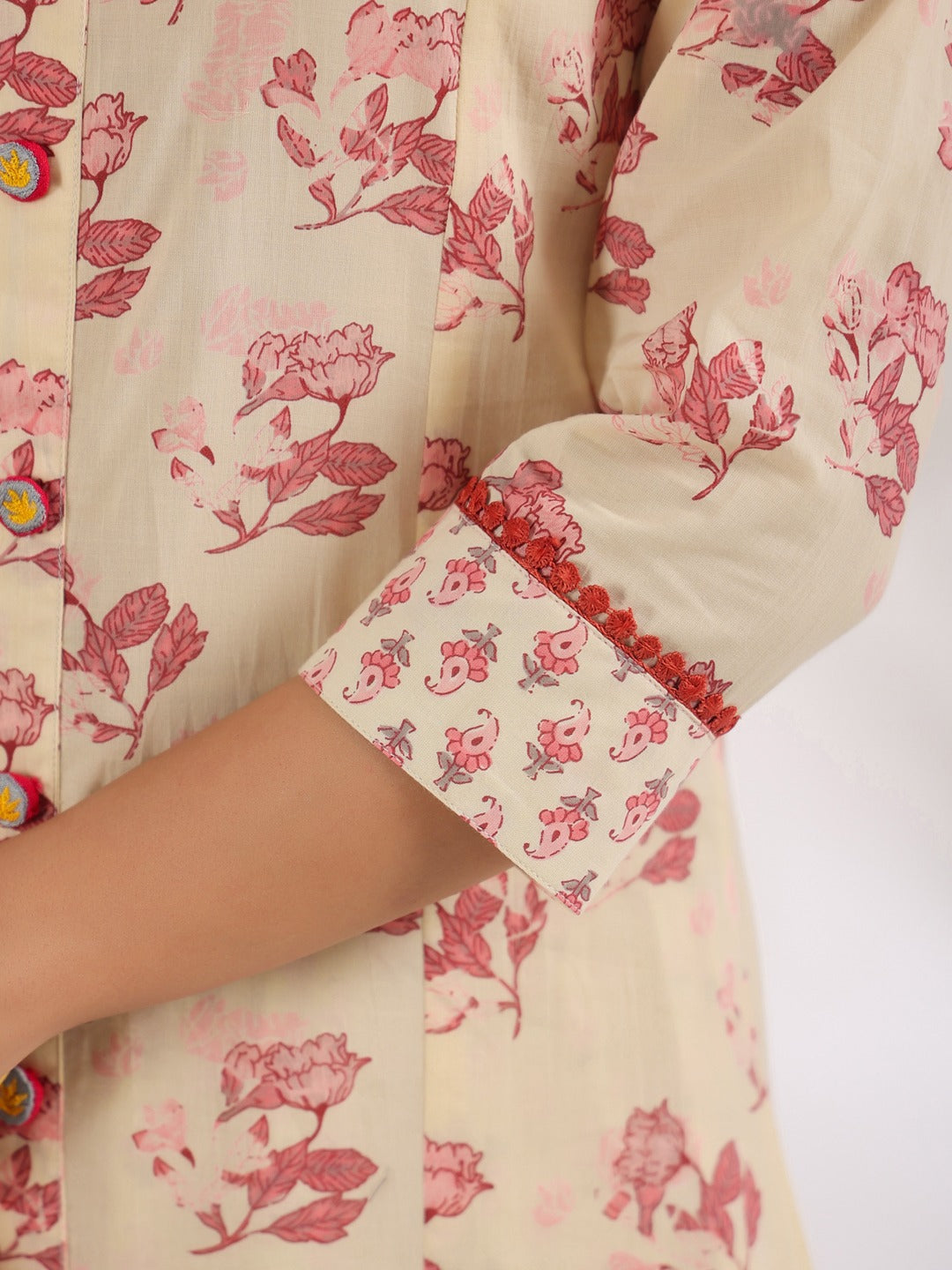 Cream And Pink Pure Cotton Floral Print A-Line Kurta Trouser Set-Yufta Store-1644SETPKS