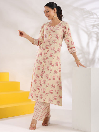 Cream And Pink Pure Cotton Floral Print A-Line Kurta Trouser Set-Yufta Store-1644SETPKS