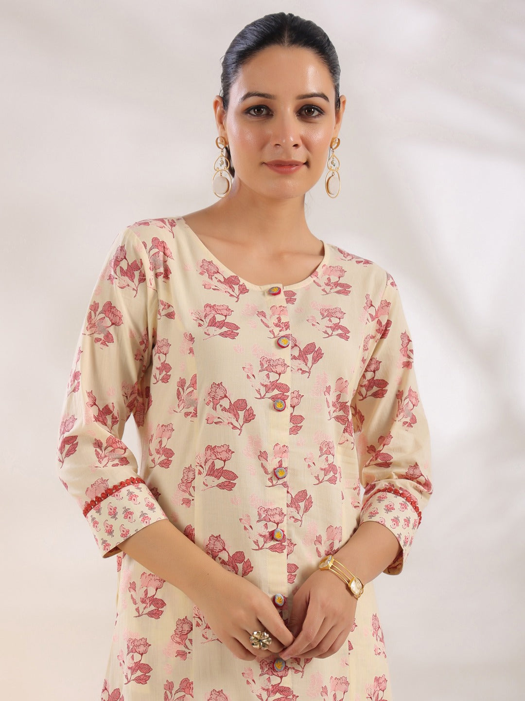 Cream And Pink Pure Cotton Floral Print A-Line Kurta Trouser Set-Yufta Store-1644SETPKS