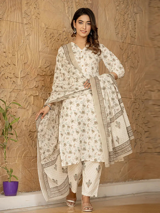 Cream Ethnic Motifs Kurta Trouser And Dupatta Set-Yufta Store-1767SKDCRS