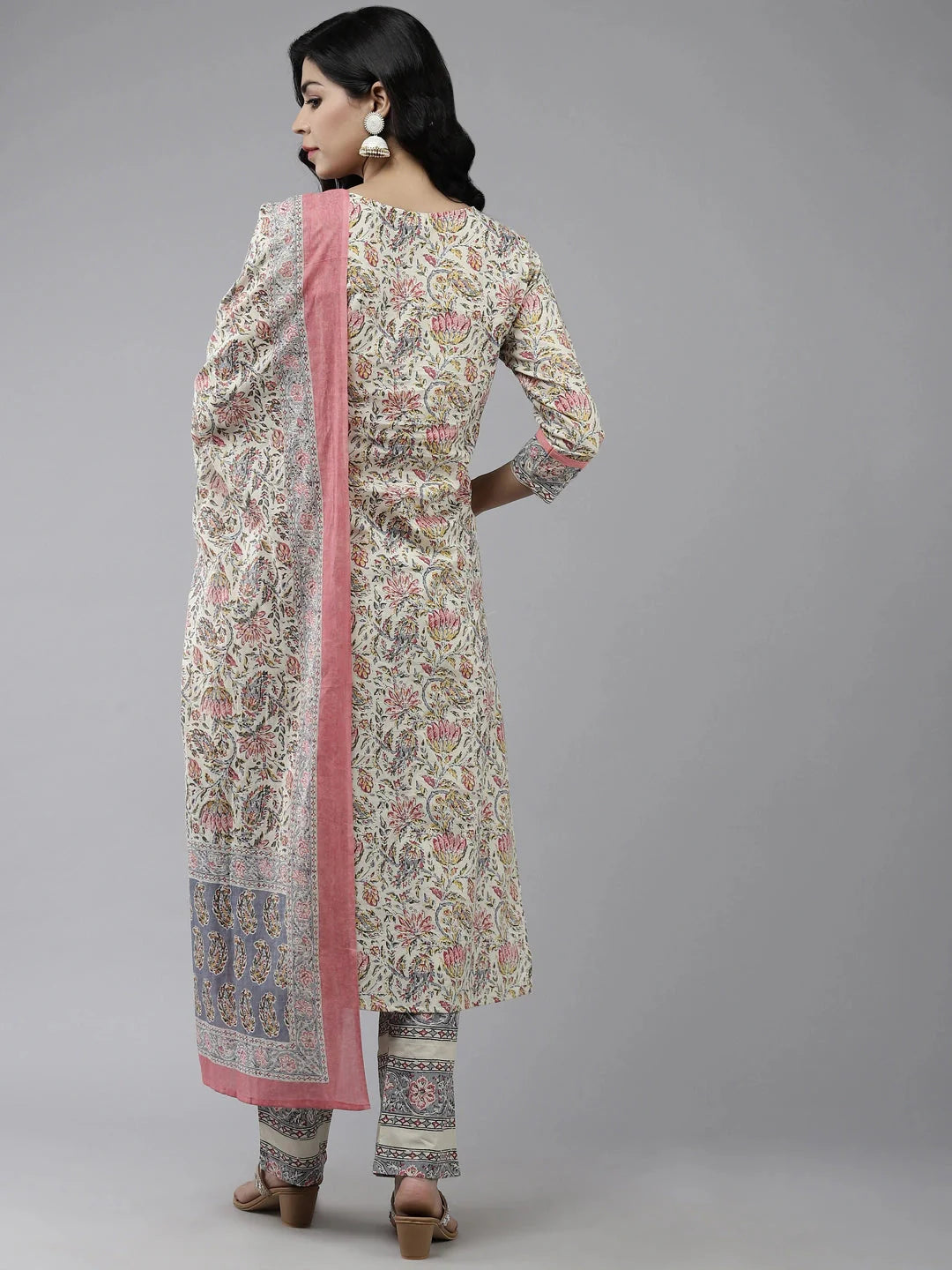 Cream Floral Printed Dupatta Set-Yufta Store-859SKDCRS